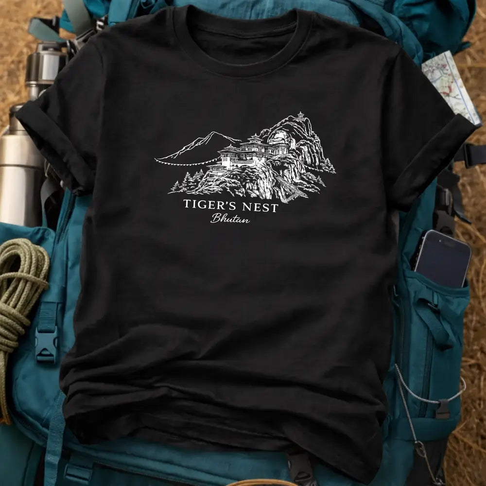 Bhutan T-Shirt – Tiger’s Nest Monastery Sketched Graphic Tee