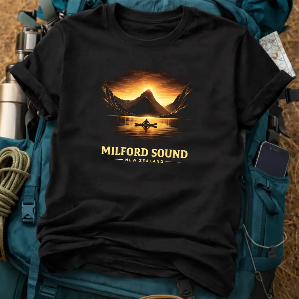 Milford Sound New Zealand T-Shirt – Retro Fiordland Kayak Graphic Tee