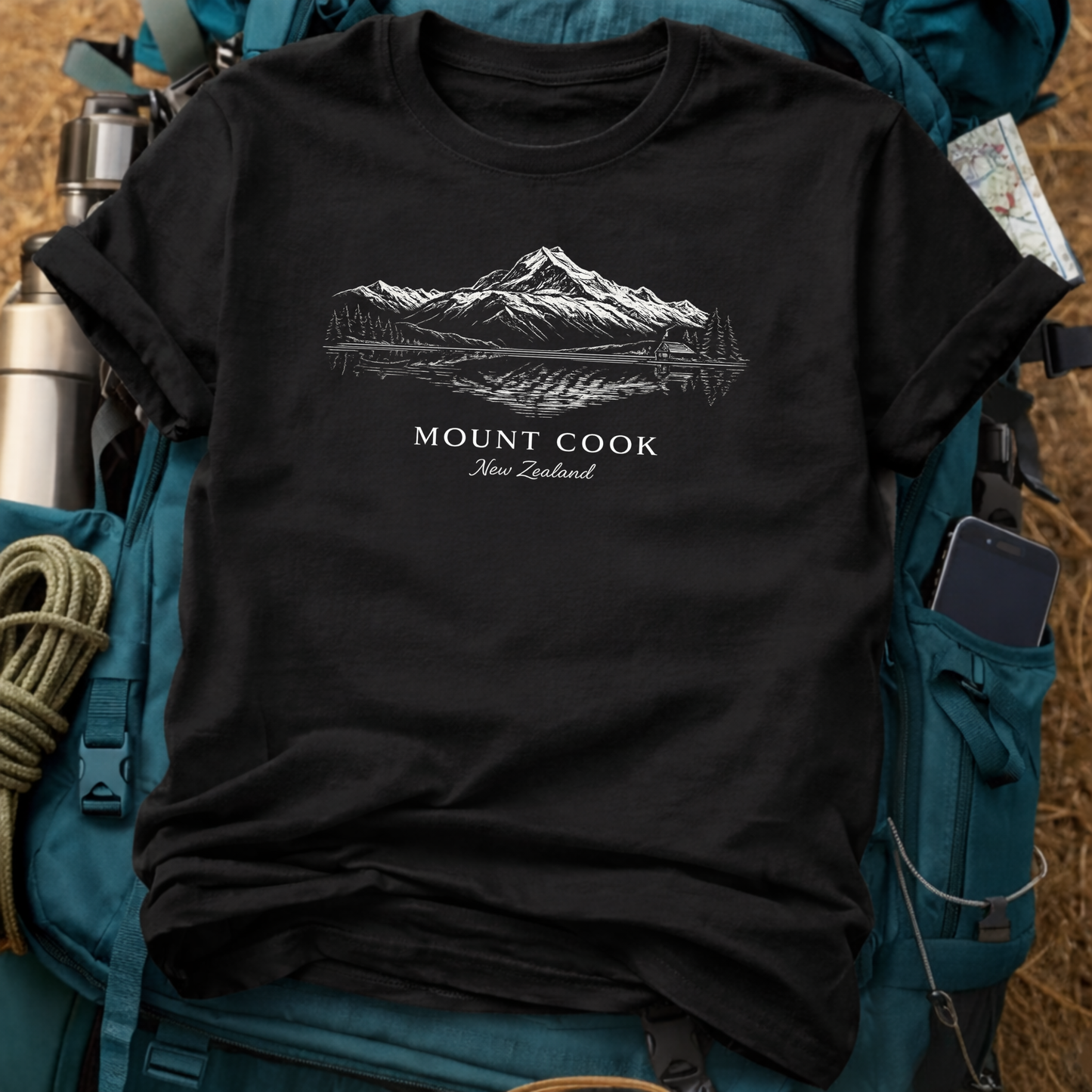 Mount Cook New Zealand Fine Line Landscape Tee - Aoraki Southern Alps T-Shirt