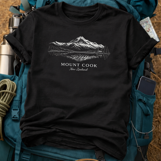 Mount Cook New Zealand Fine Line Landscape Tee - Aoraki Southern Alps T-Shirt