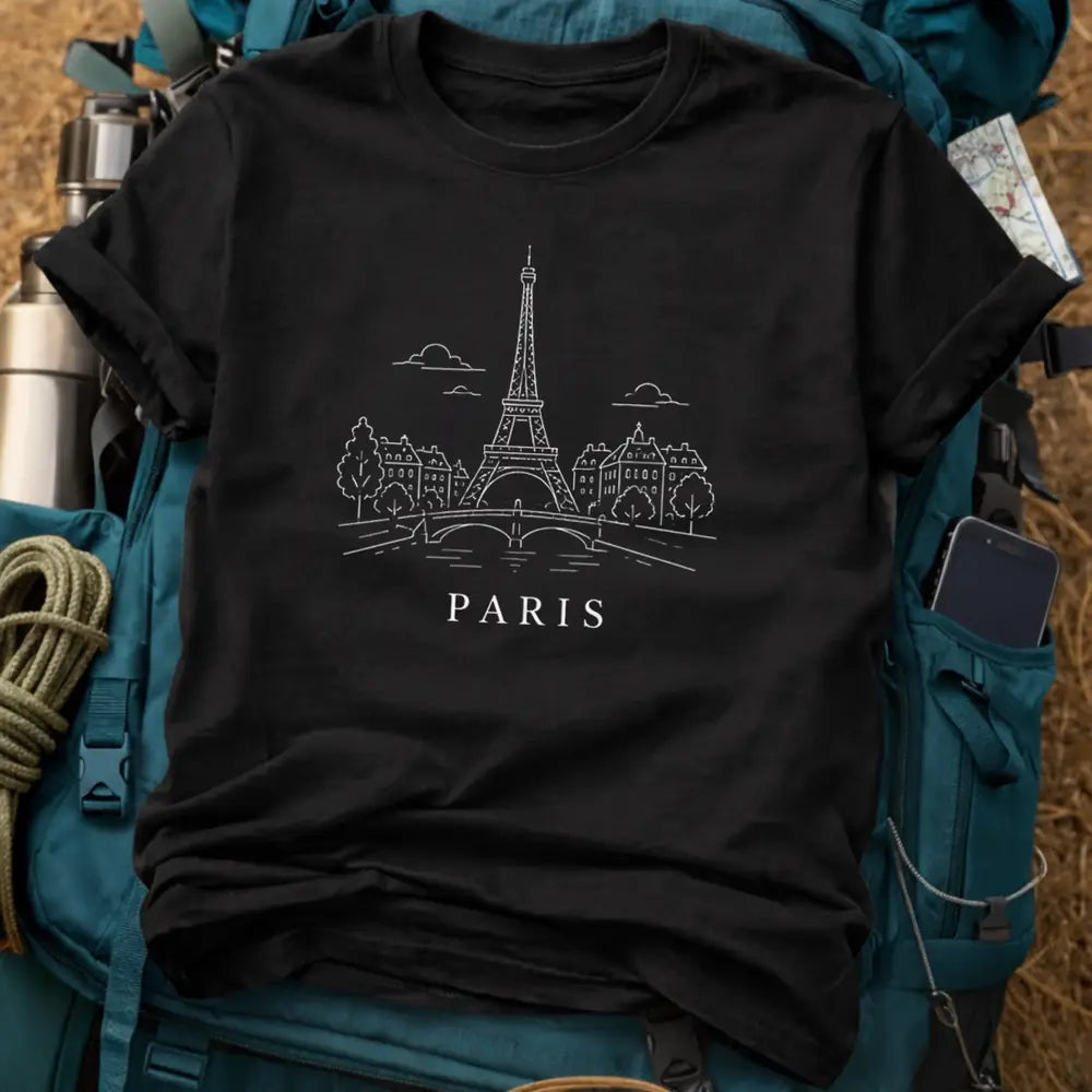 Paris France T-Shirt – Retro Fine Line Eiffel Tower & Seine Graphic Tee