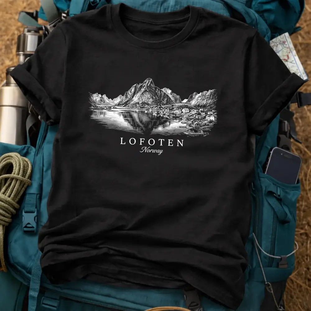 Lofoten Norway Travel T-Shirt - Reine Fishing Village Heavyweight Cotton Tee