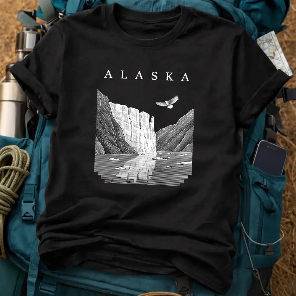 Alaska T-Shirt – Minimalist Glacier Fjord Woodcut Graphic Tee
