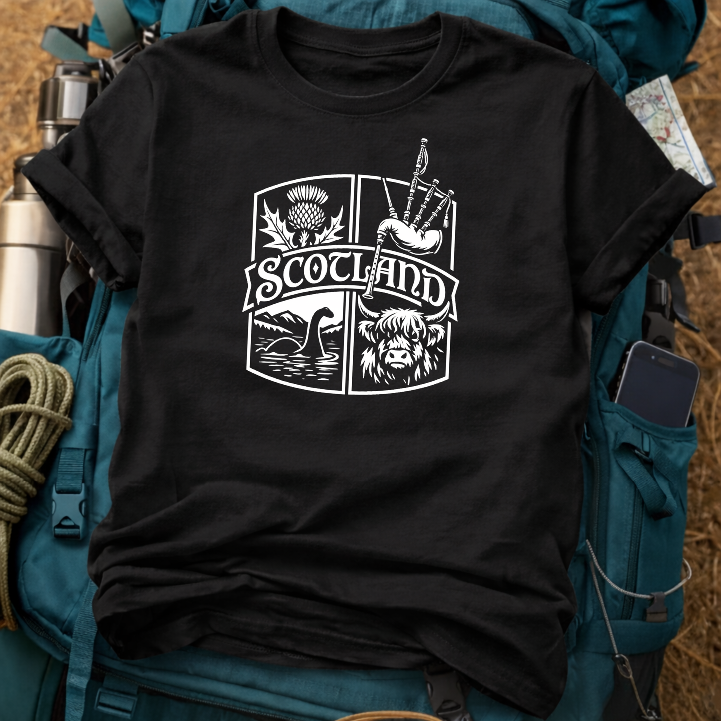 Scotland Heritage Crest Graphic Tee - Highland Cow, Nessie & Bagpipes T-Shirt