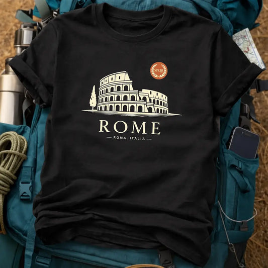 Black t-shirt with Colosseum design and 'Rome' text on a backpack