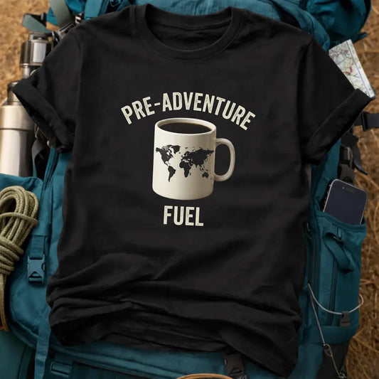 Pre-Adventure Fuel T-Shirt – Funny Coffee & World Map Graphic Tee