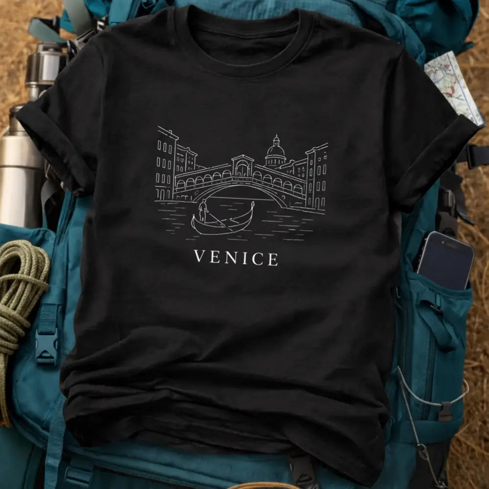 Venice Italy T-Shirt – Retro Fine Line Rialto Bridge & Gondola Graphic Tee