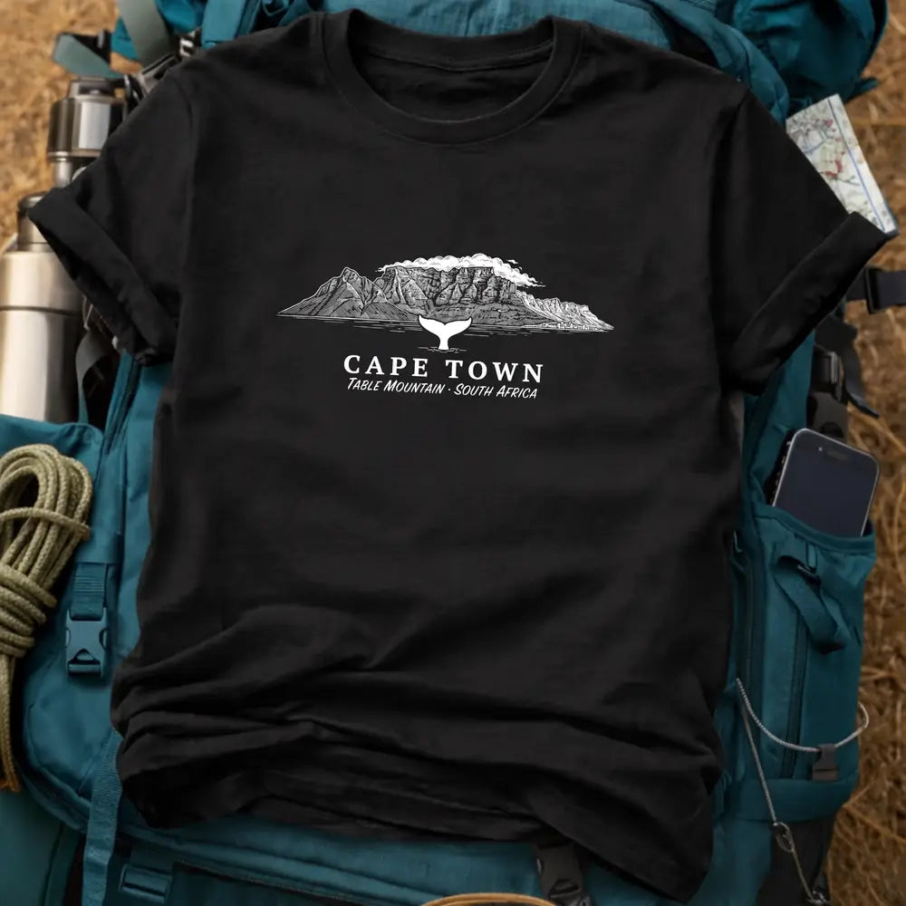 Cape Town South Africa T-Shirt – Retro Woodcut Table Mountain & Whale Graphic Tee