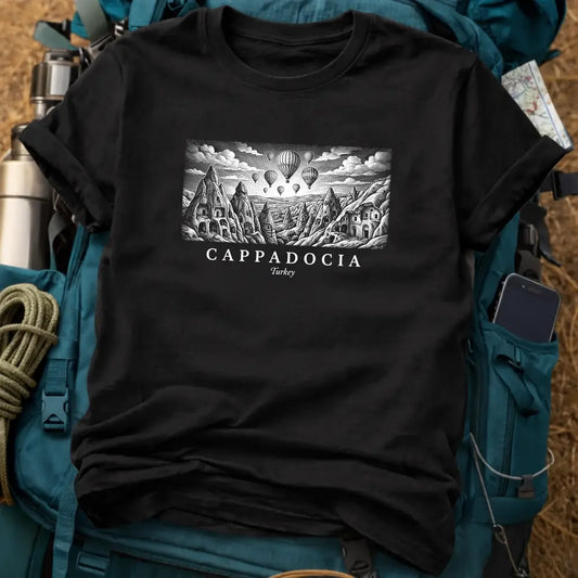 Cappadocia Turkey Vintage Engraving T-Shirt – Hot Air Balloon Graphic Tee