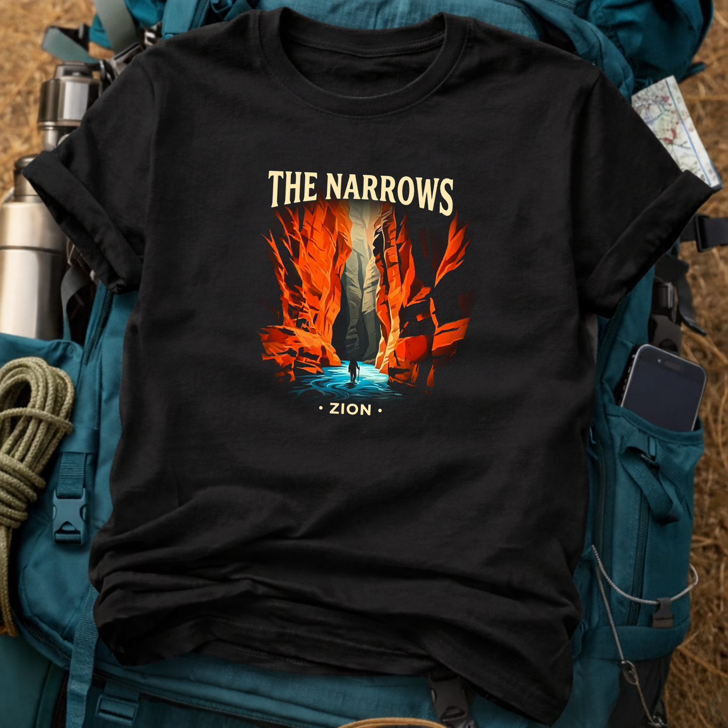 Black t-shirt with 'The Narrows Zion' graphic design on a backpack.