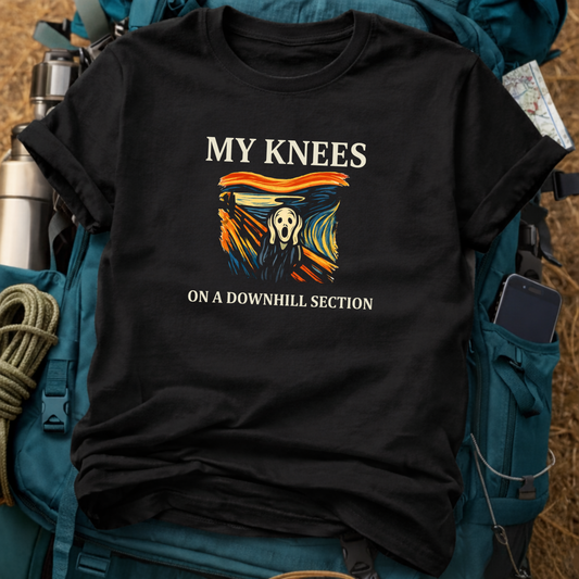"My Knees On A Downhill Section" Funny Hiking Tee - Munch's Scream Parody Trekking Shirt