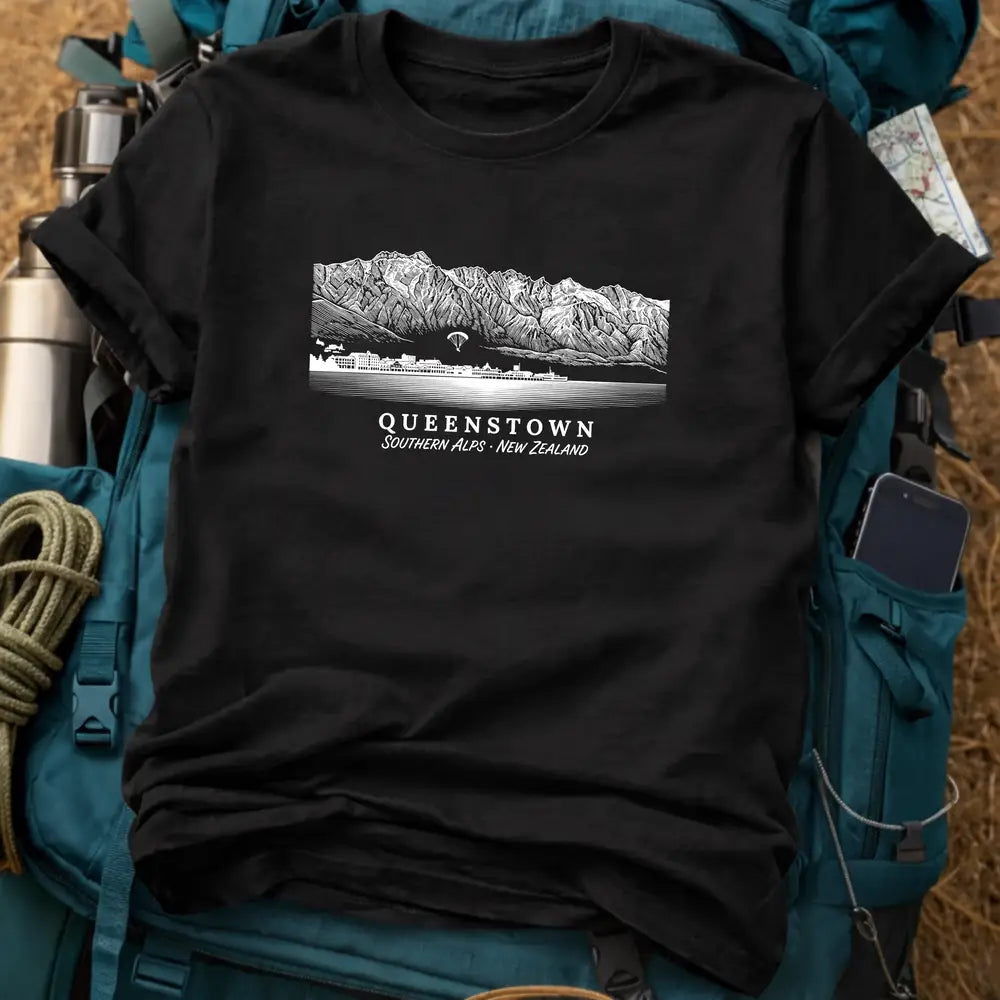 Queenstown New Zealand T-Shirt – Retro Woodcut The Remarkables Graphic Tee