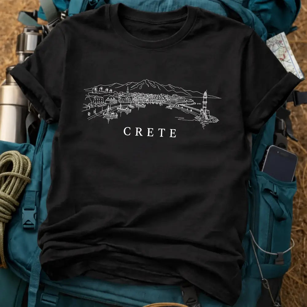 Crete Greece Travel T-Shirt - Chania Venetian Harbor Heavyweight Cotton Tee