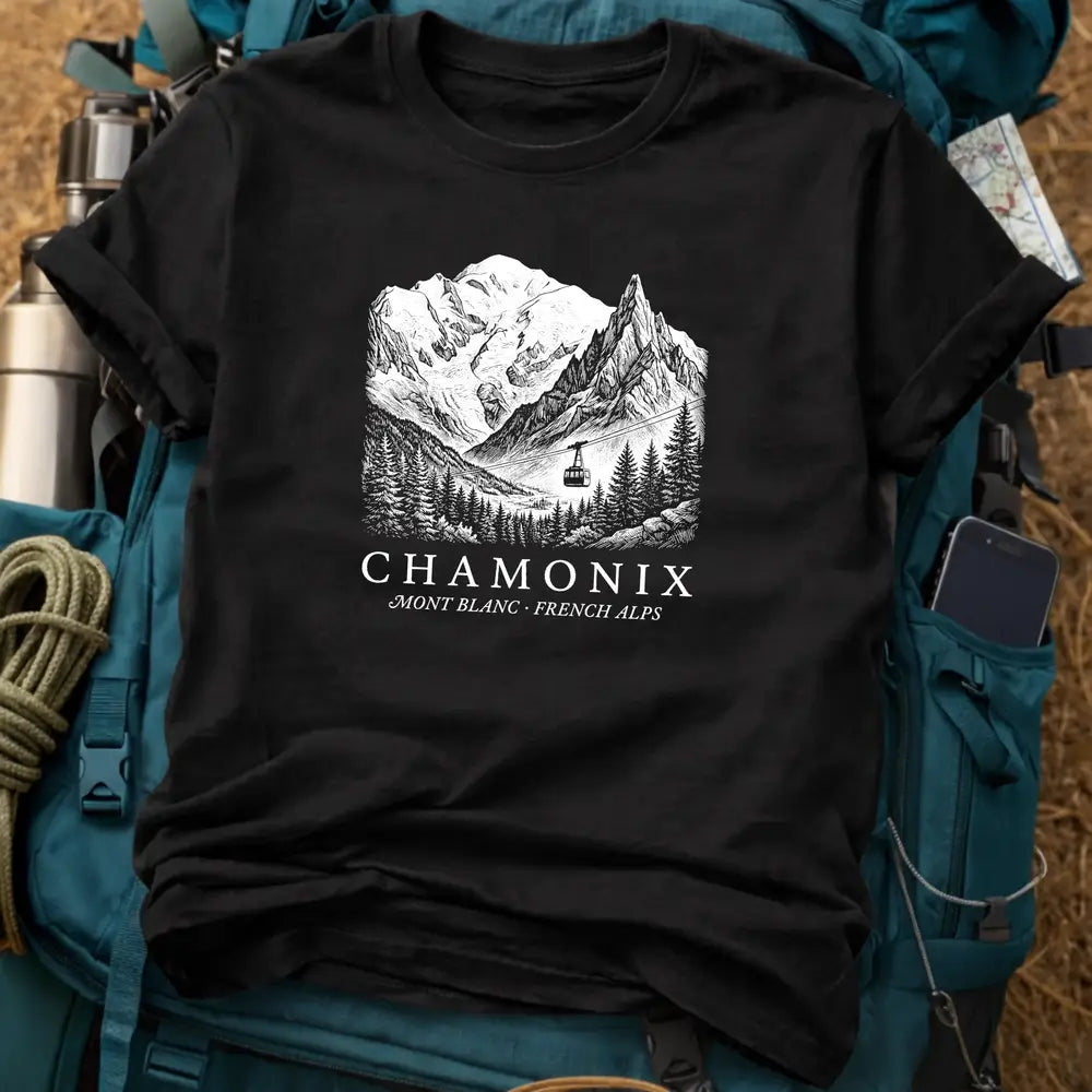Chamonix France T-Shirt – Retro Woodcut Mont Blanc Cable Car Graphic Tee