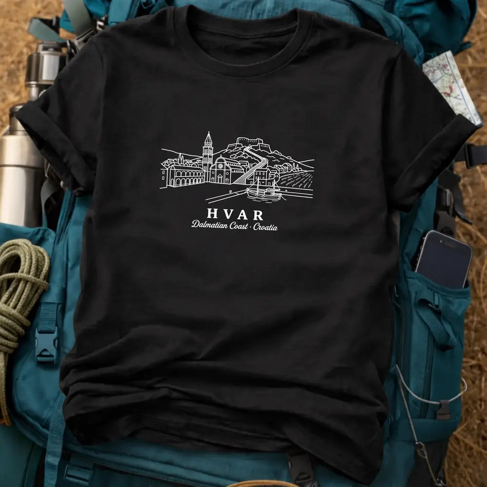 Hvar Croatia T-Shirt – Retro Fine Line Old Town & Harbor Graphic Tee