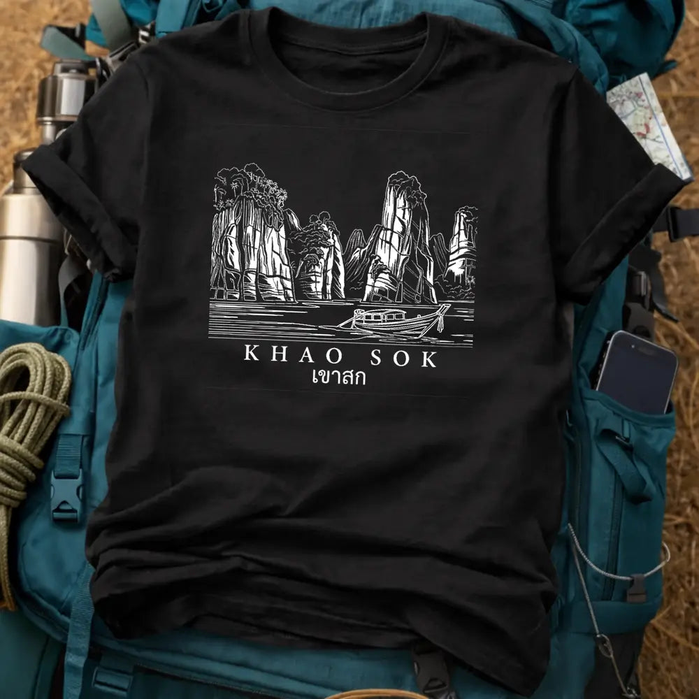 Khao Sok Thailand T-Shirt – Minimalist White Line Art Graphic Tee