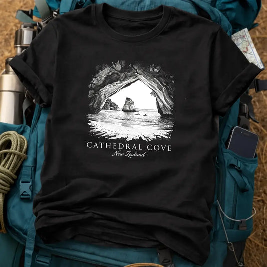 Cathedral Cove New Zealand Vintage Engraving T-Shirt – Travel Graphic Tee