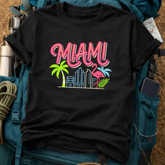 Miami Florida T-Shirt – Retro Neon Skyline & Flamingo Graphic Tee