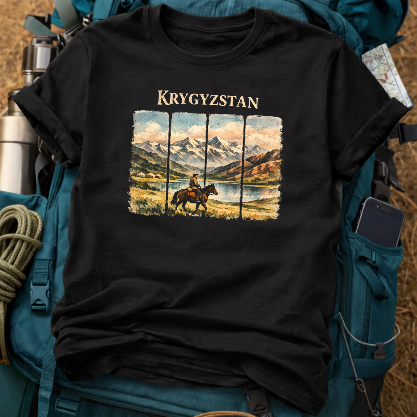 Kyrgyzstan Nomad Adventure Tee - Vintage Central Asia Mountain Graphic T-Shirt