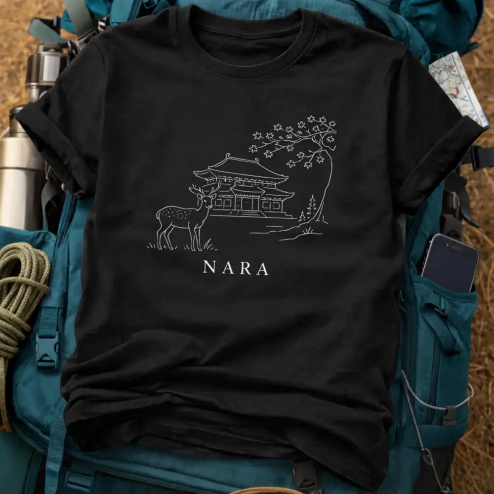 Nara Japan T-Shirt – Retro Fine Line Sacred Deer & Temple Graphic Tee