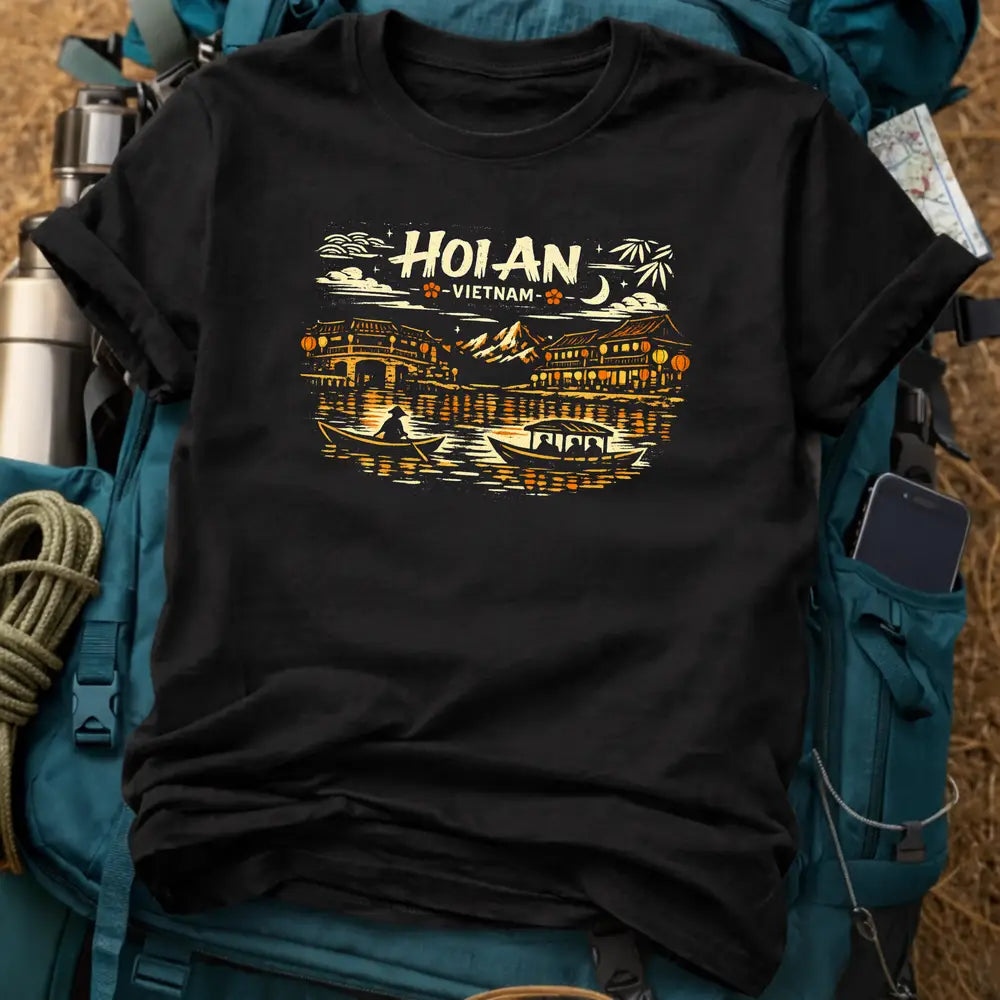 Hoi An Vietnam Graphic T-Shirt - Vintage Woodcut Lantern Festival Night Scene