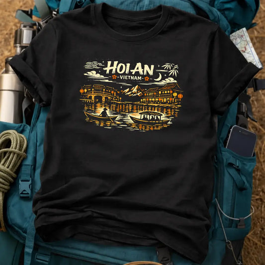 Hoi An Vietnam Graphic T-Shirt - Vintage Woodcut Lantern Festival Night Scene
