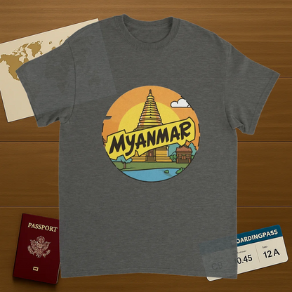 Myanmar Unisex Travel T-Shirt on wooden background with world map, passport, and boarding pass