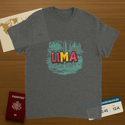 Lima Peru Unisex Travel T-Shirt on wooden background with world map, passport, and boarding pass