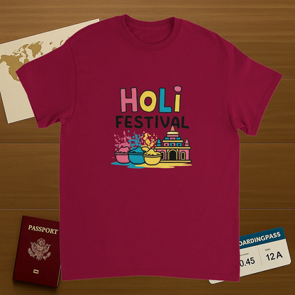 cardinal red Holi Festival Mathura India Unisex Travel T-Shirt on wooden background with world map, passport, and boarding pass