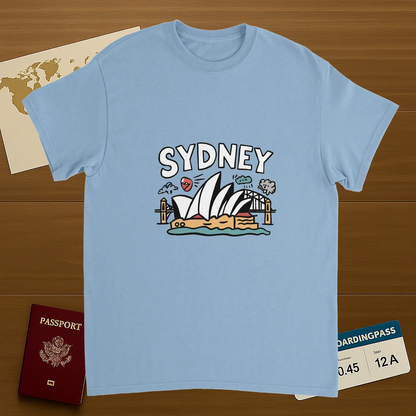 light blue Sydney Australia Unisex Travel T-Shirt on wooden background with world map, passport, and boarding pass