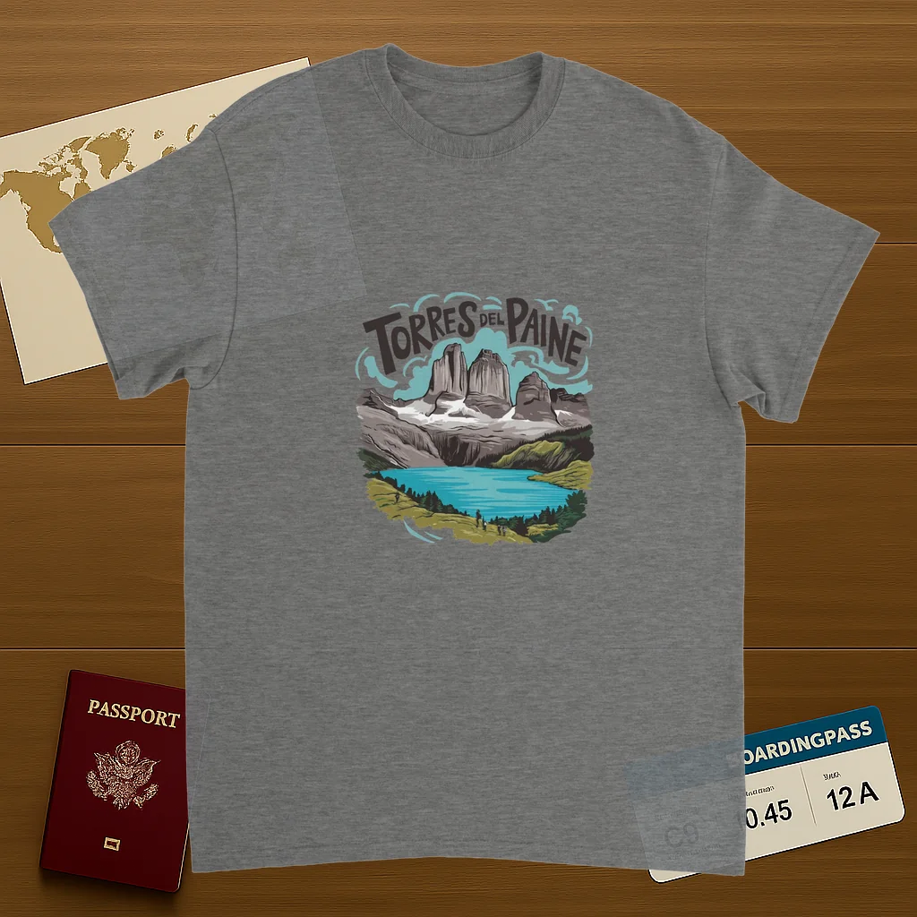 sport grey Torres del Paine Chile Unisex Travel T-Shirt on wooden background with world map, passport, and boarding pass