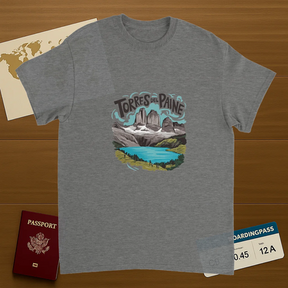 sport grey Torres del Paine Chile Unisex Travel T-Shirt on wooden background with world map, passport, and boarding pass