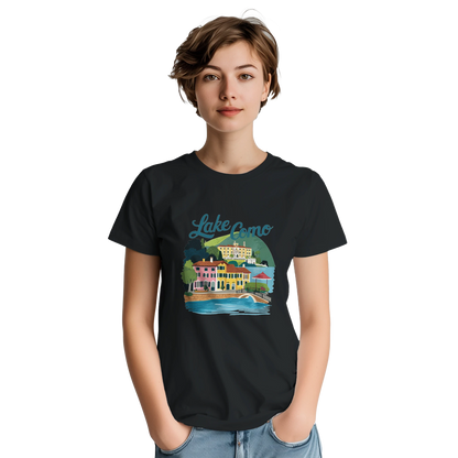 Lake Como Italy Unisex Travel T-Shirt featuring a person from the front