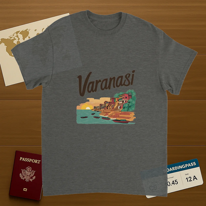 Varanasi India Unisex Travel T-Shirt on wooden background with world map, passport, and boarding pass