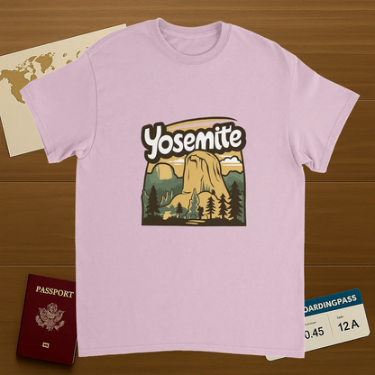 light pink Yosemite USA Unisex Travel T-Shirt on wooden background with world map, passport, and boarding pass