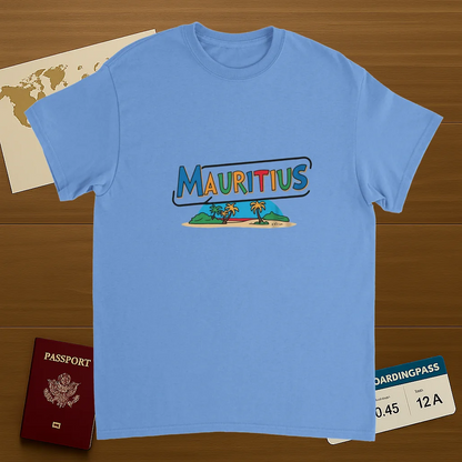 carolina blue Mauritius Unisex Travel T-Shirt on wooden background with world map, passport, and boarding pass