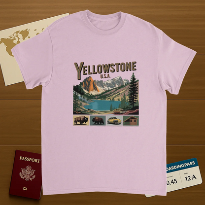 light pink Yellowstone USA Unisex Travel T-Shirt on wooden background with world map, passport, and boarding pass