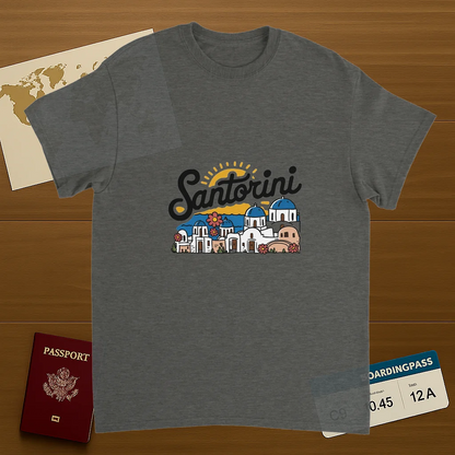 Santorini Greece Unisex Travel T-Shirt on wooden background with world map, passport, and boarding pass