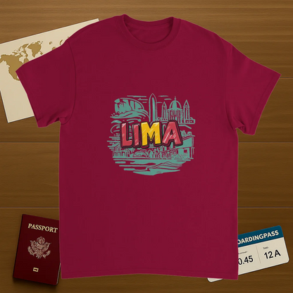 cardinal red Lima Peru Unisex Travel T-Shirt on wooden background with world map, passport, and boarding pass