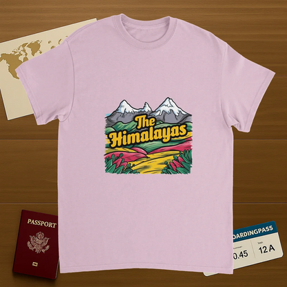 light pink Himalayas Unisex Travel T-Shirt on wooden background with world map, passport, and boarding pass