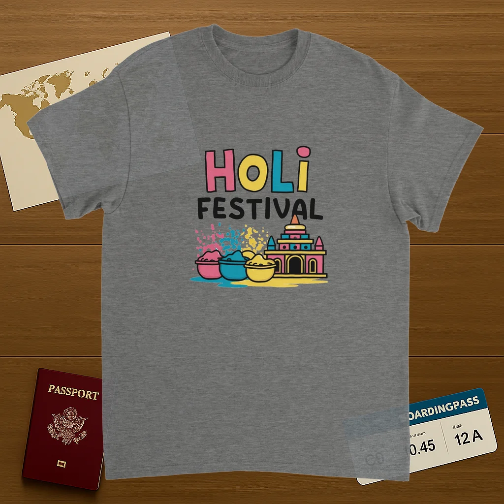 sport grey Holi Festival Mathura India Unisex Travel T-Shirt on wooden background with world map, passport, and boarding pass
