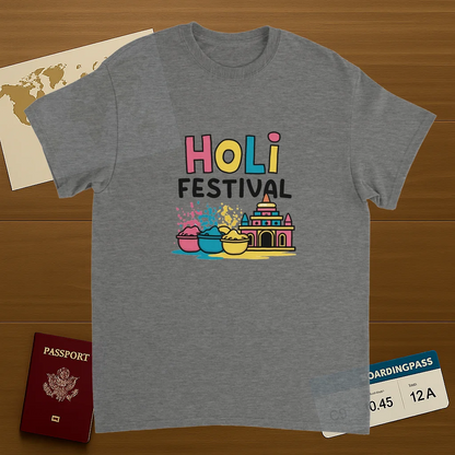 sport grey Holi Festival Mathura India Unisex Travel T-Shirt on wooden background with world map, passport, and boarding pass