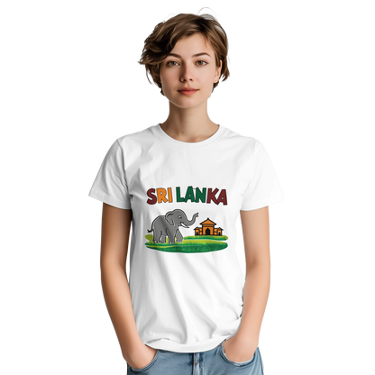 Sri Lanka Unisex Travel T-Shirt on wooden background with world map, passport, and boarding pass