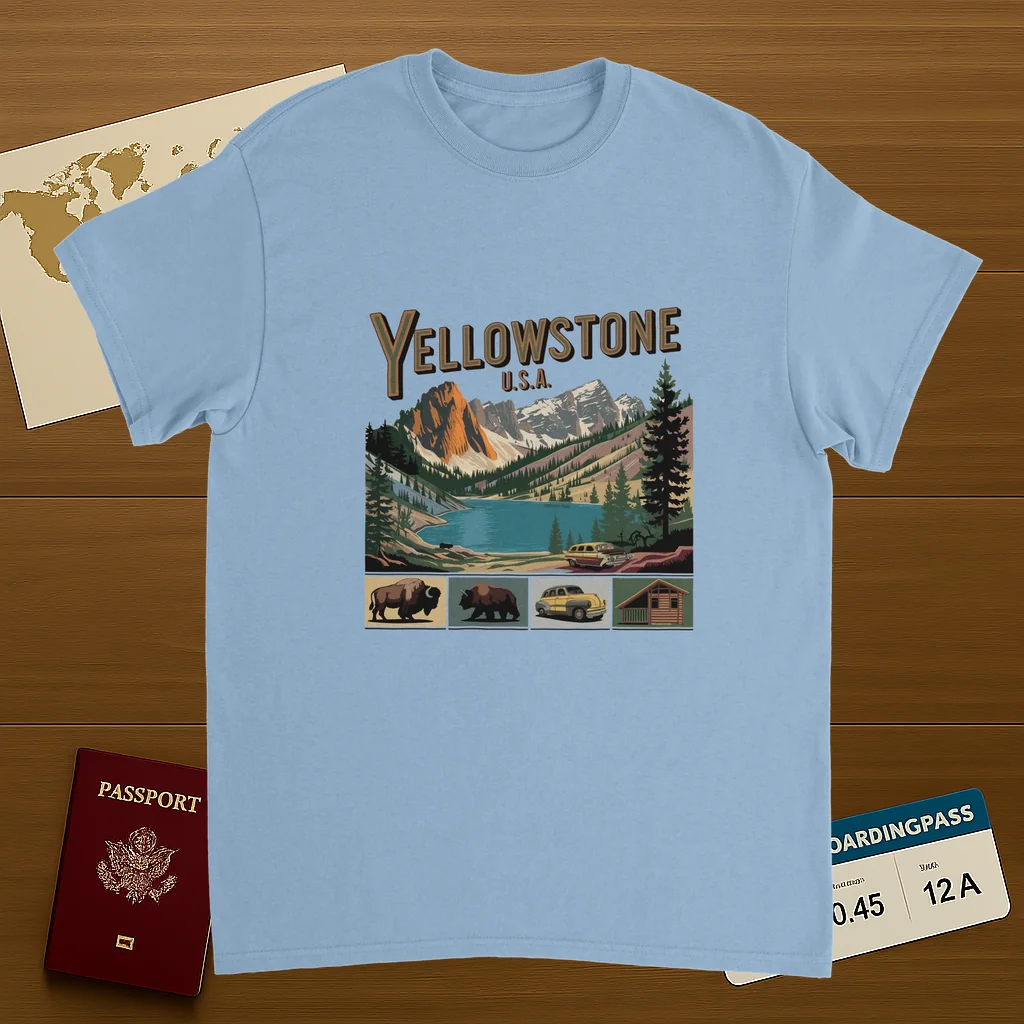 light blue Yellowstone USA Unisex Travel T-Shirt on wooden background with world map, passport, and boarding pass