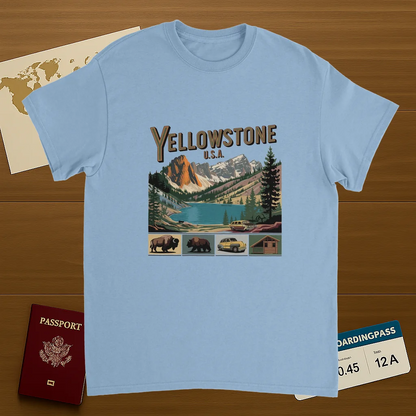 light blue Yellowstone USA Unisex Travel T-Shirt on wooden background with world map, passport, and boarding pass