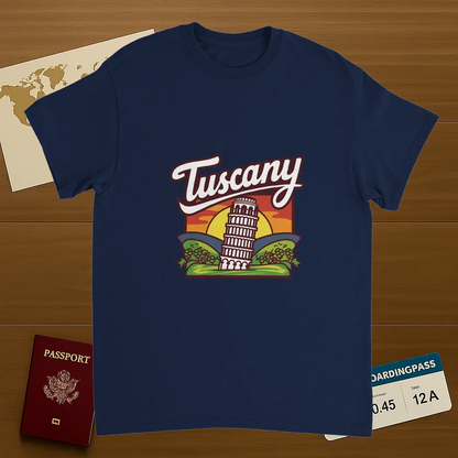 navy Tuscany Italy Unisex Travel T-Shirt on wooden background with world map, passport, and boarding pass