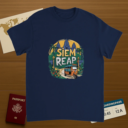 navy Siem Reap Cambodia Unisex Travel T-Shirt on wooden background with world map, passport, and boarding pass