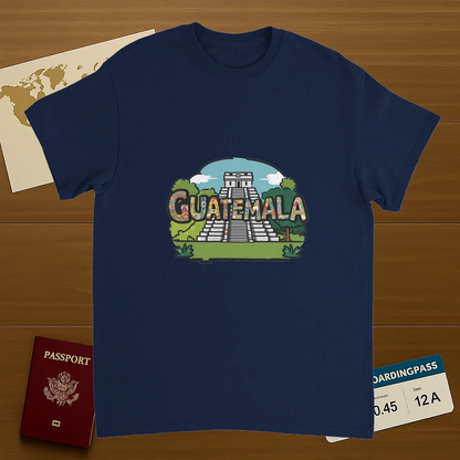 navy Guatemala Unisex Travel T-Shirt on wooden background with world map, passport, and boarding pass