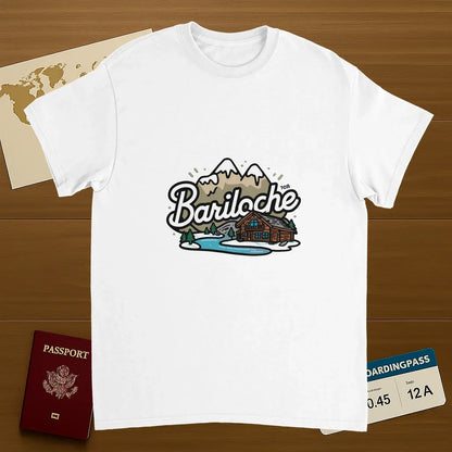white Bariloche Argentina Unisex Travel T-Shirt on wooden background with world map, passport, and boarding pass