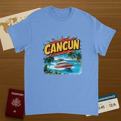 carolina blue Cancún Mexico Unisex Travel T-Shirt on wooden background with world map, passport, and boarding pass